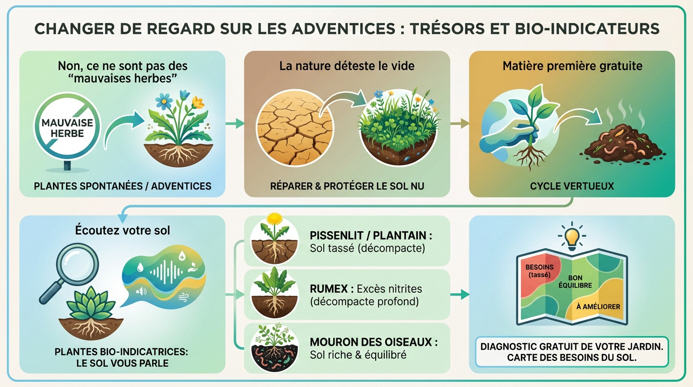 Jardinier observant des plantes bio-indicatrices au milieu d'un potager en permaculture