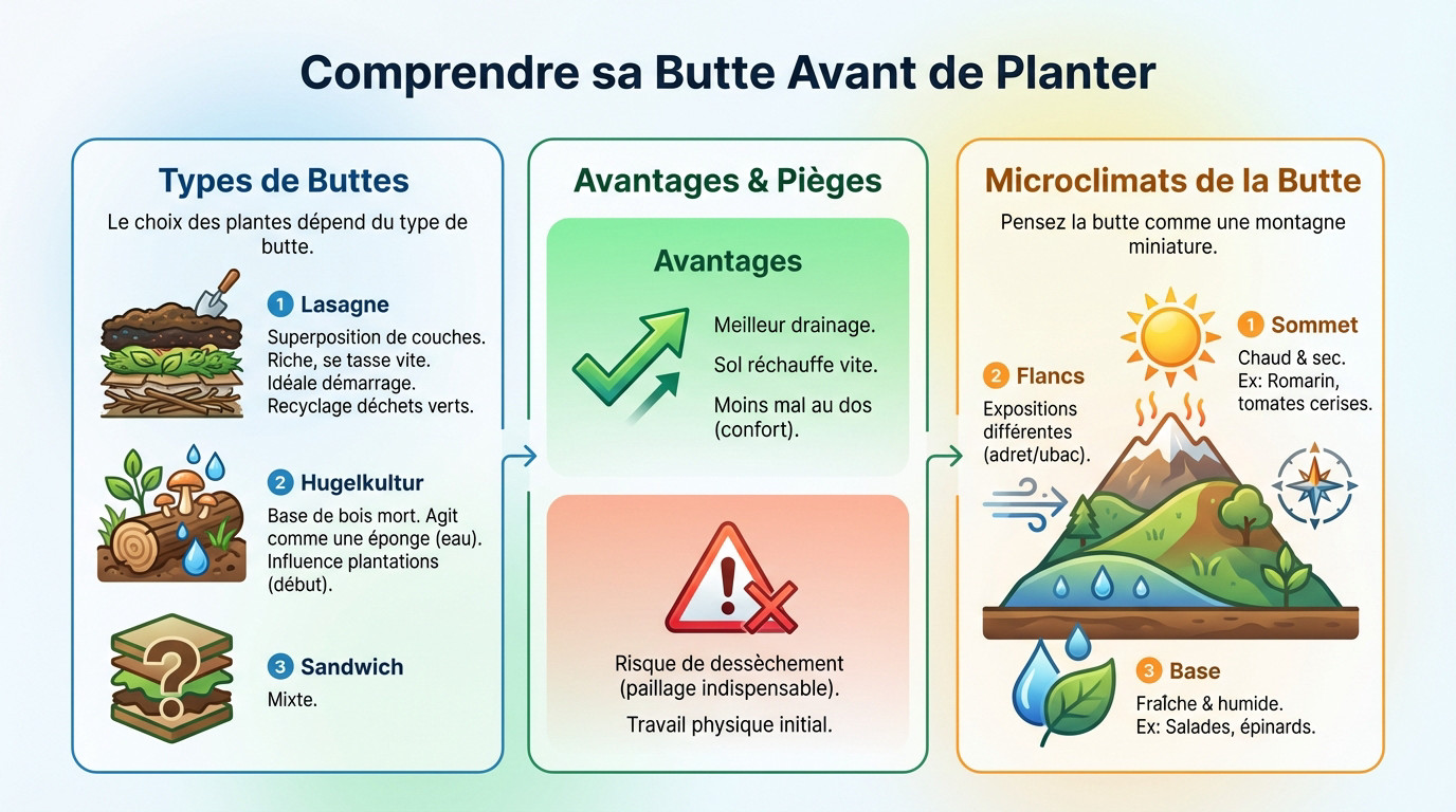 Schéma illustrant la structure interne d'une butte de permaculture et ses différentes couches