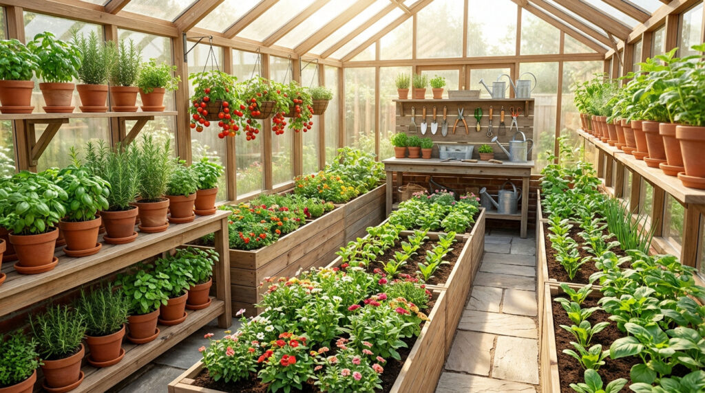 Aménagement d'une serre avec allées bien définies et bacs surélevés pour un jardinage ergonomique