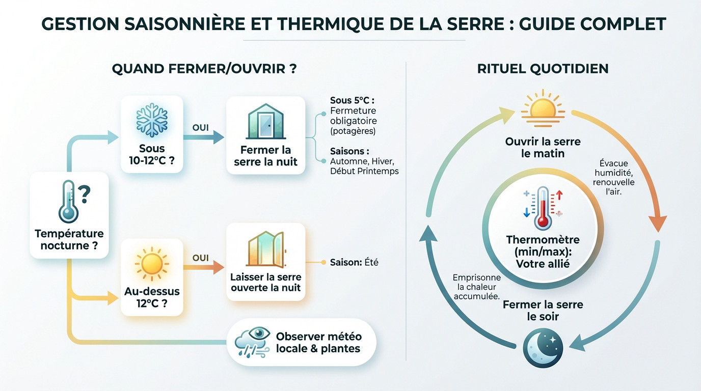Schéma illustrant l'ouverture et la fermeture d'une serre selon les saisons et la température