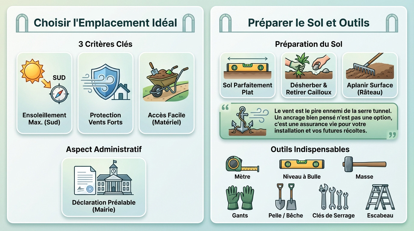 Préparation du terrain et nivellement du sol avant le montage d'une serre tunnel