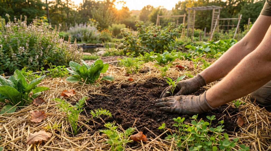 Potager en permaculture avec épinards et chou Kale plantés en septembre
