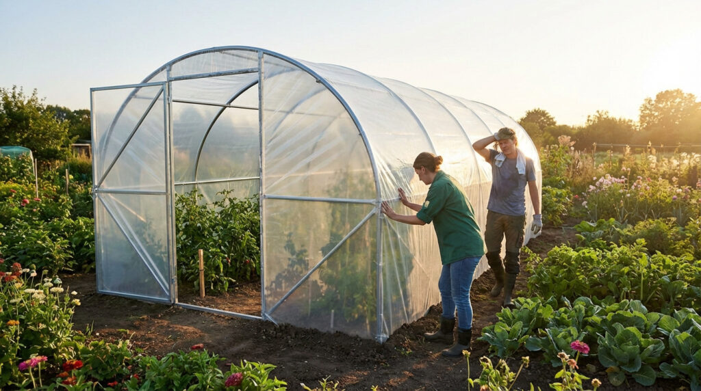 Montage d'une serre tunnel solide pour potager en permaculture