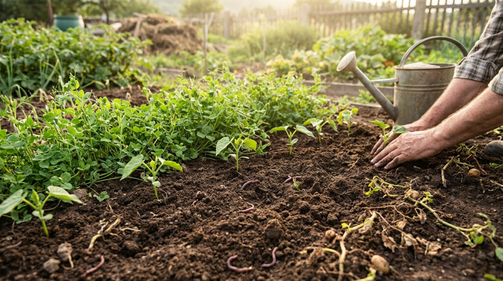 Jardin en permaculture avec légumes après pommes de terre