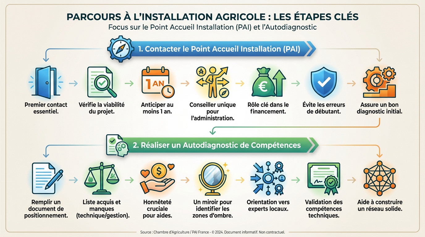 Schéma des étapes clés du parcours à l'installation agricole passant par le PAI