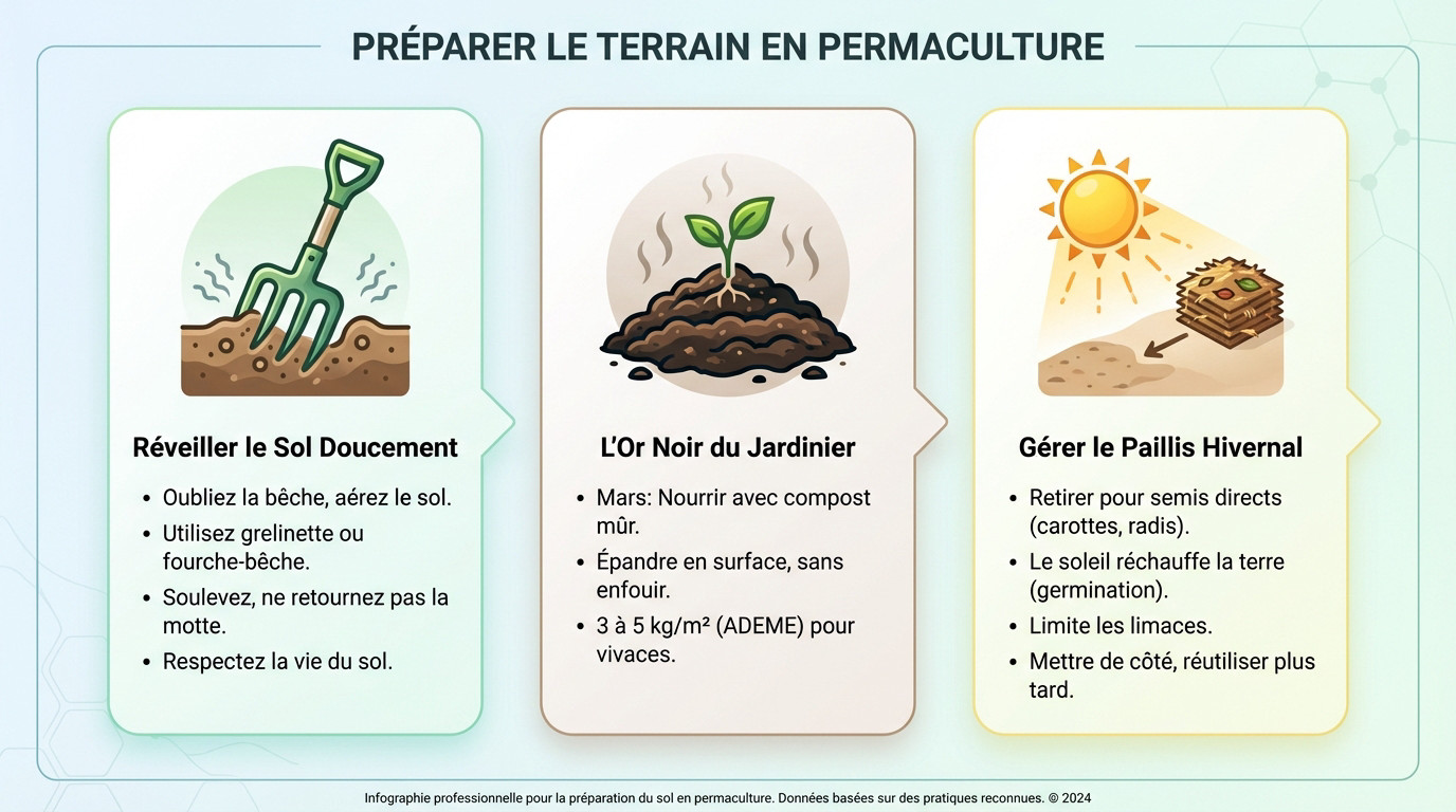 Jardinière utilisant une grelinette pour aérer le sol de son potager en permaculture au printemps