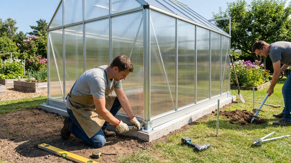Installation d'une serre en polycarbonate solidement ancrée au sol pour résister au vent