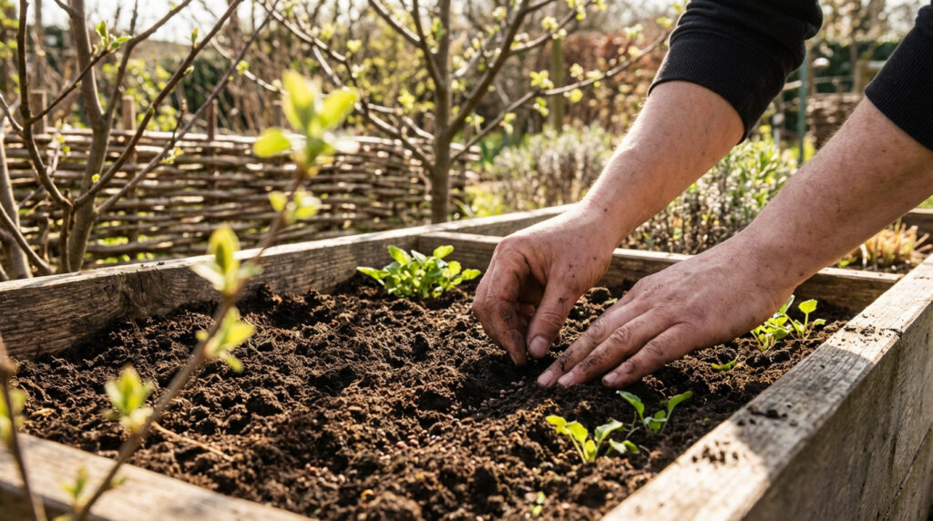 Jardin en mars avec grelinette et semis en permaculture