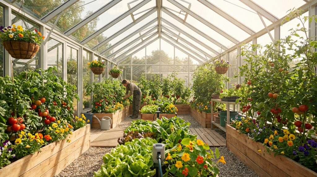 Serre avec tomates, poivrons et légumes-feuilles pour récoltes toute l'année
