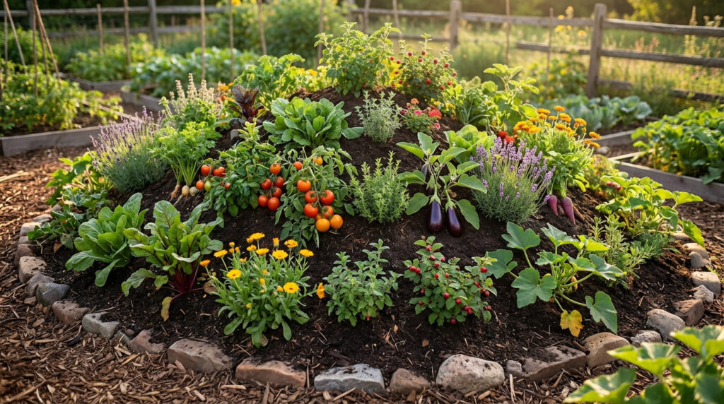 butte de permaculture avec légumes variés et paillage