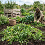 Tas de mauvaises herbes arrachées en permaculture, prêtes à être utilisées comme paillis nutritif.