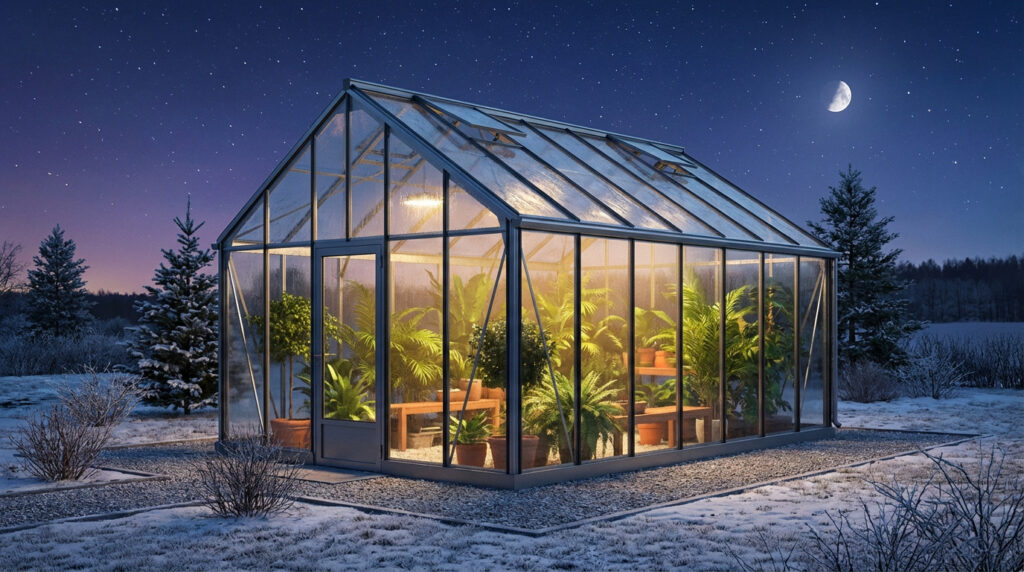 serre fermée la nuit pour protéger les plantes du gel