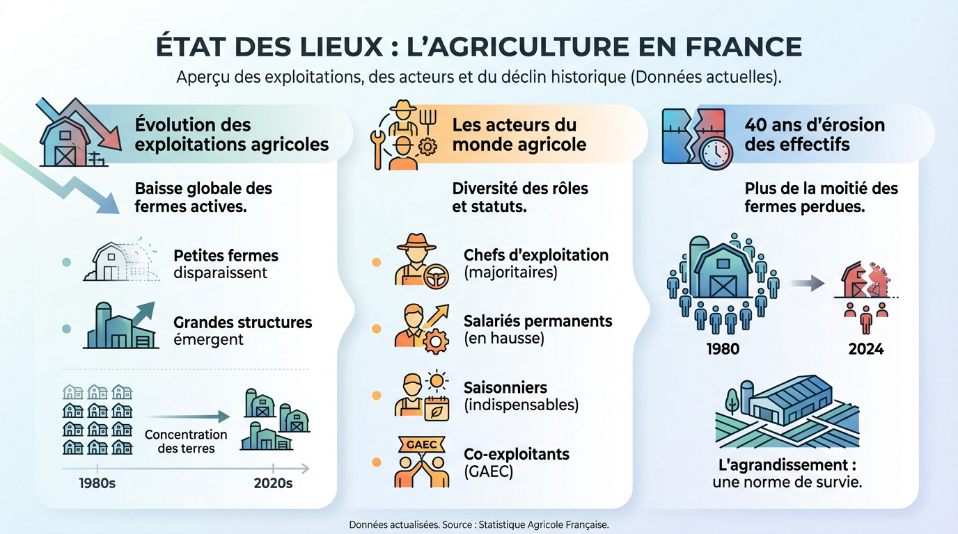 Graphique montrant le déclin du nombre d'exploitations agricoles en France et l'évolution des acteurs du secteur
