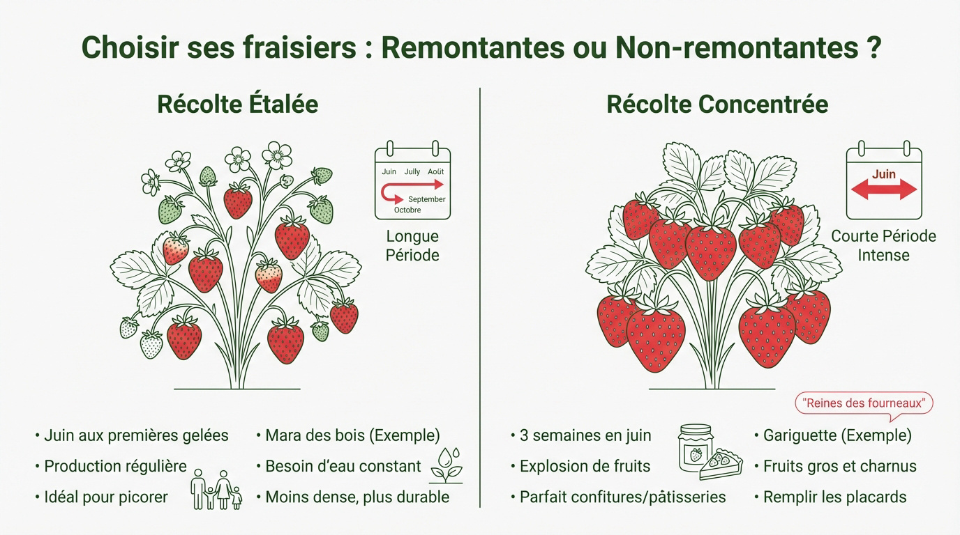 Comparaison entre fraisiers remontants et non-remontants dans un jardin potager