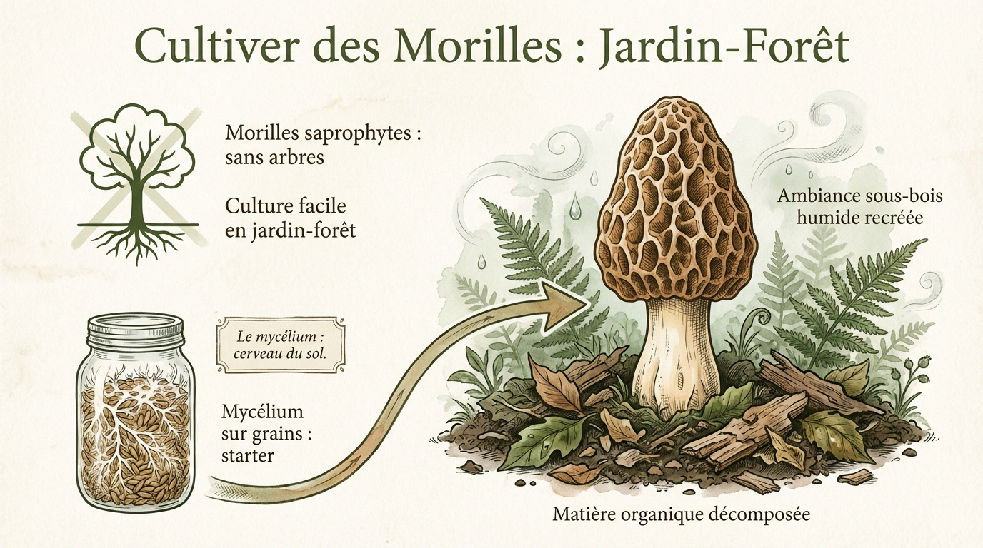 Culture de morilles saprophytes dans un jardin-forêt ombragé