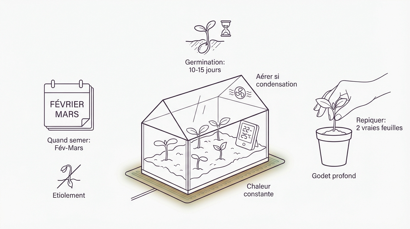 Jeunes semis d'aubergine en godets sous une lumière douce