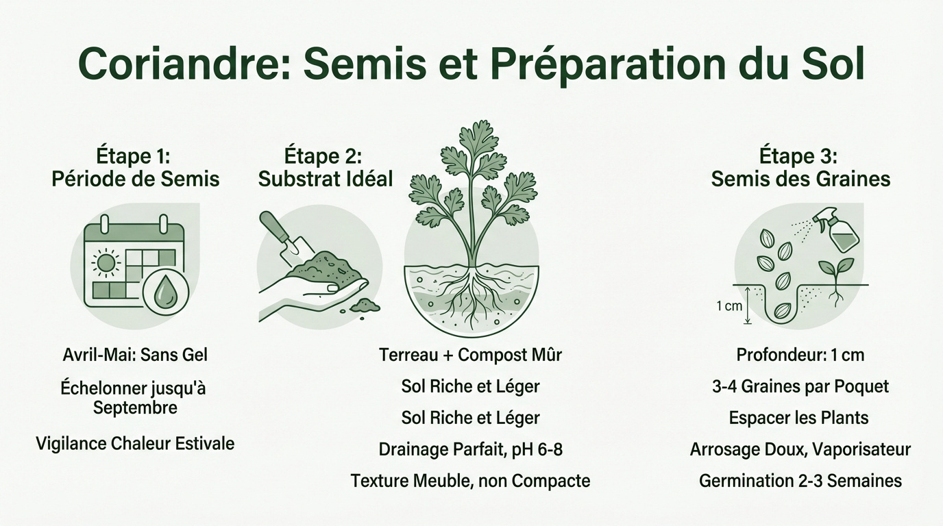 Semis de coriandre en pot et préparation d'un sol fertile et léger