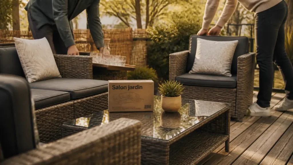 Sweeek salon de jardin sur terrasse bois, coussins textilène, table verre
