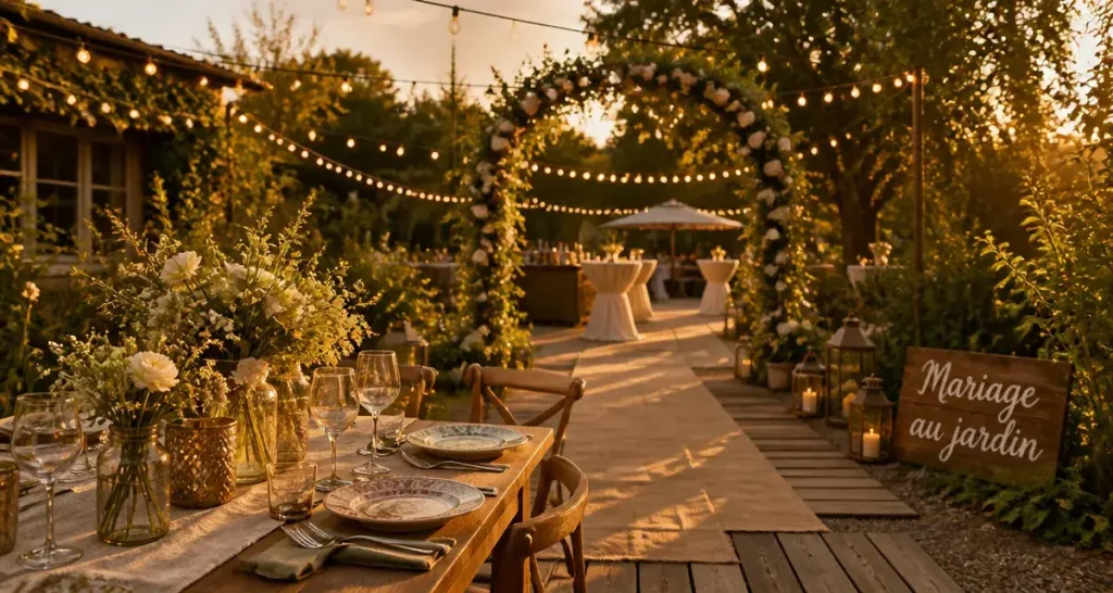 mariage dans un jardin décoration : allée et table dressée, arche fleurie