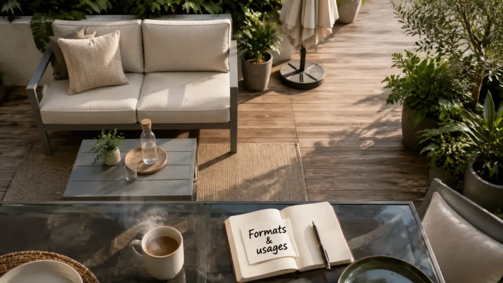Naterial salon de jardin sur terrasse bois : format compact modulable
