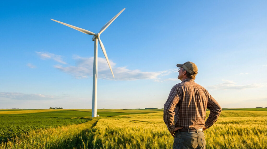 Éolienne dans un champ agricole, représentant les revenus pour les agriculteurs