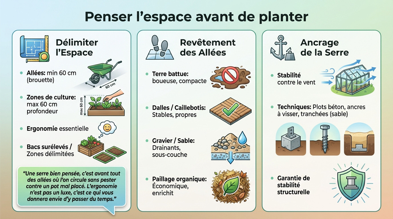 Schéma d'organisation d'une serre avec allées larges et zones de culture distinctes