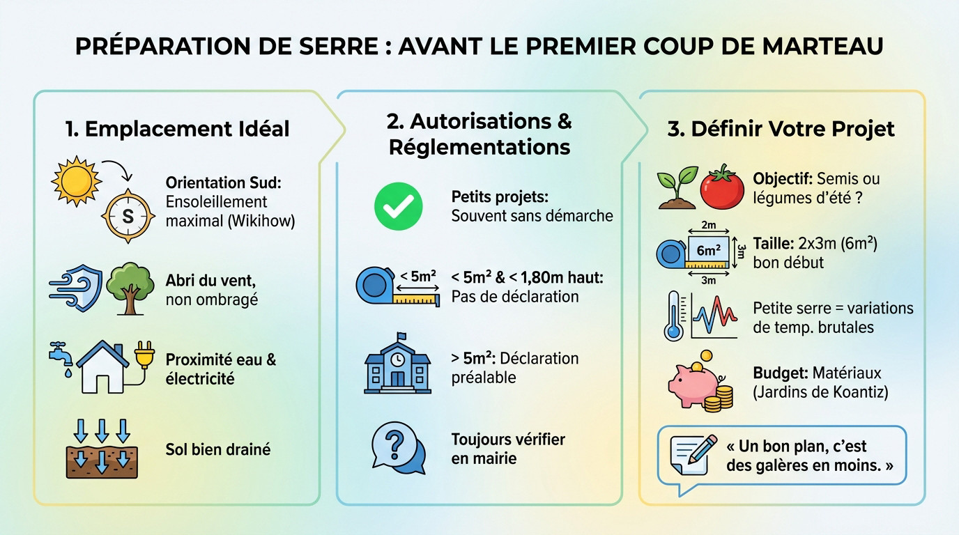 Préparation du terrain et prise de mesures avant la construction d'une serre de jardin