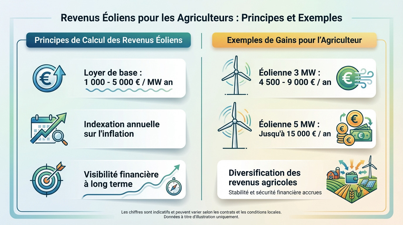 Schéma explicatif des revenus éoliens pour un agriculteur selon la puissance installée