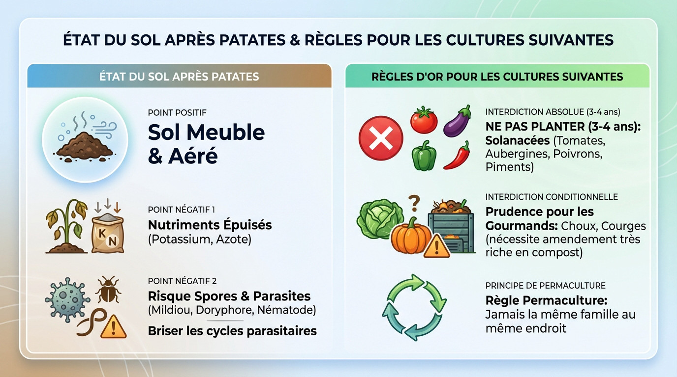 Sol meuble et aéré après la récolte des pommes de terre, prêt pour la rotation des cultures en permaculture