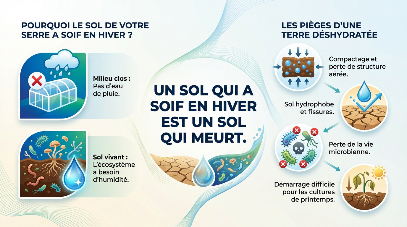 Sol de serre sec et craquelé nécessitant un arrosage hivernal