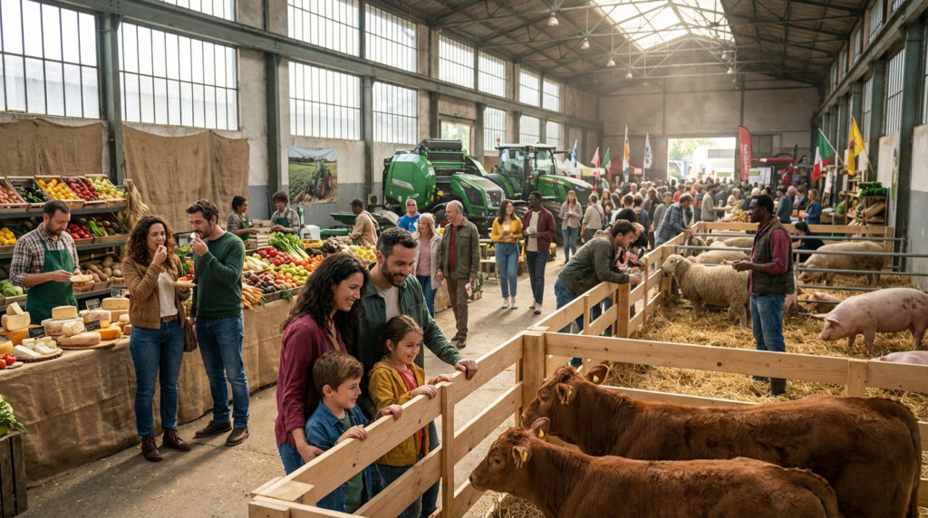 Visiteurs admirant des animaux au Salon de l'Agriculture à Paris
