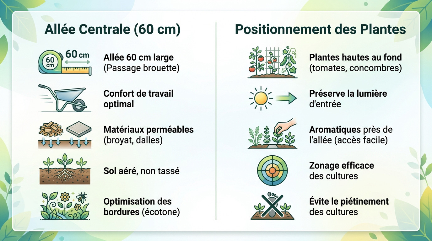 Allée centrale paillée dans une serre en permaculture avec cultures sur les côtés