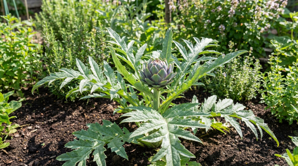 Artichaut en pleine croissance dans un potager ensoleillé