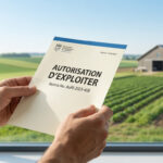 Agricultural land with crops and a farmer checking land authorization