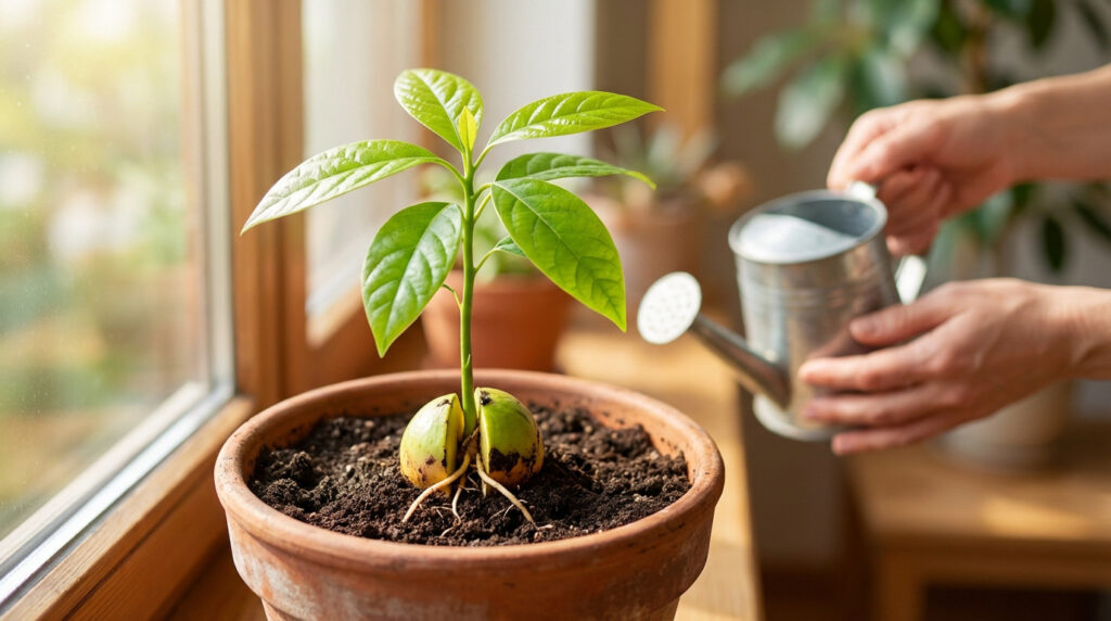 Noyau d'avocat préparé pour la germination dans un pot de terreau