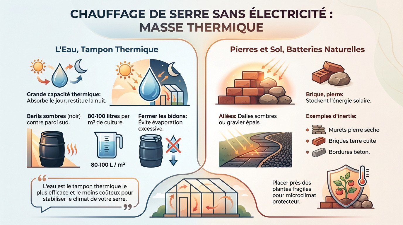 Installation de barils d'eau noirs pour accumuler la chaleur dans une serre bioclimatique