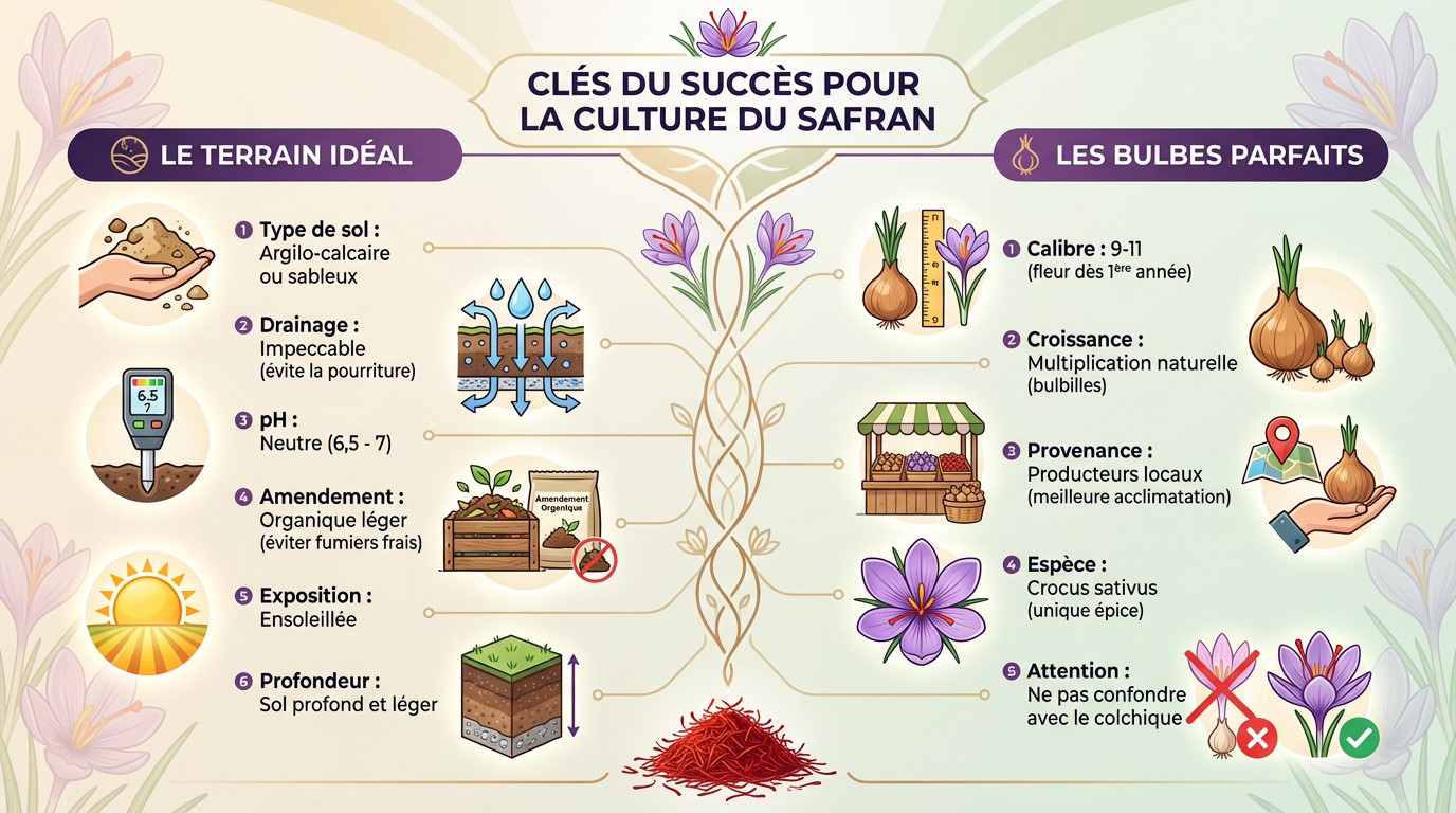 Plantation de safran : préparation du sol drainé et sélection des bulbes