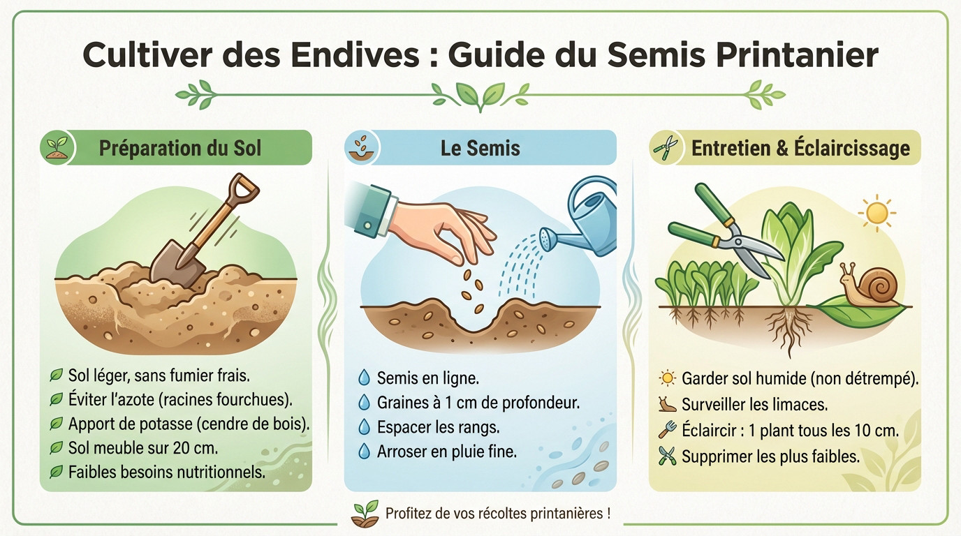 Semis de graines d'endives en ligne dans un potager au printemps