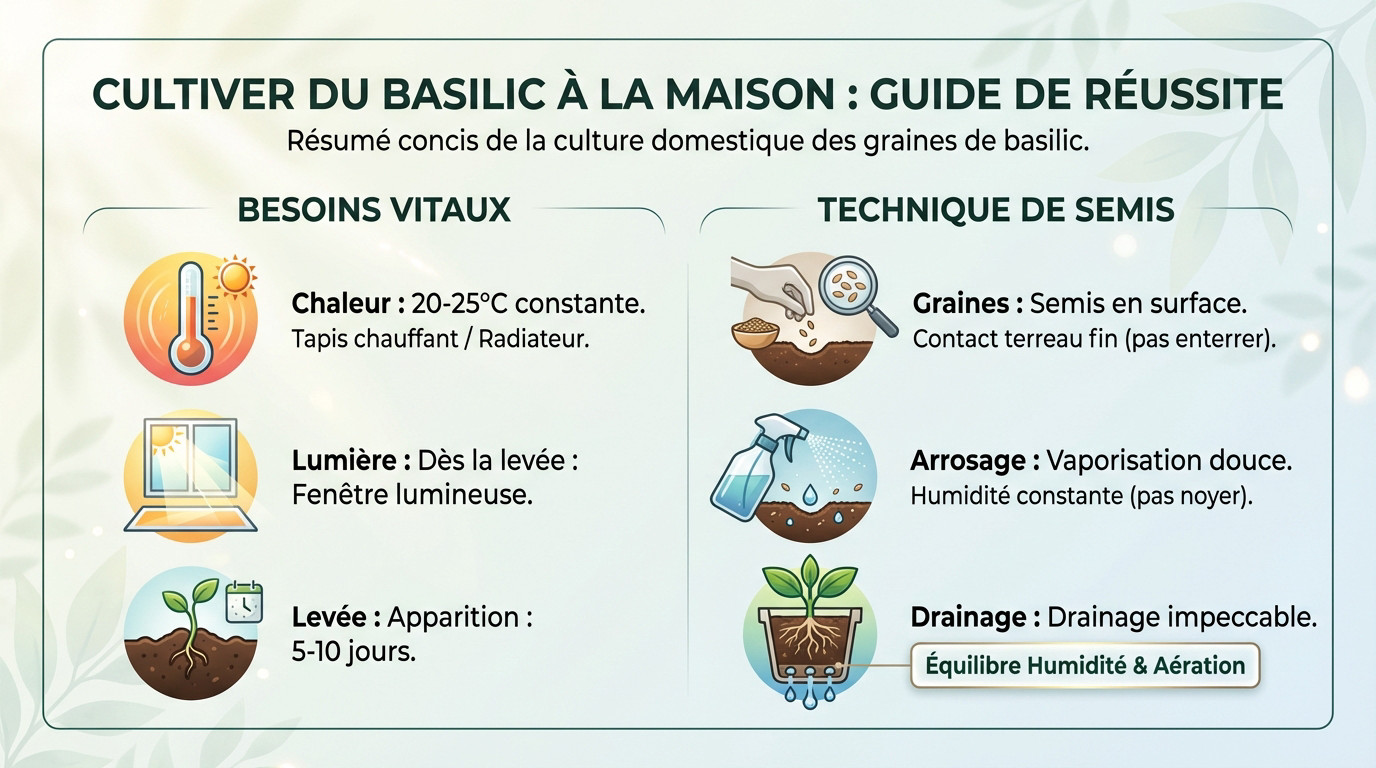 Jeunes pousses de basilic cultivées en intérieur dans des pots en terre cuite