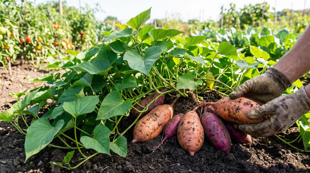 Germination de patate douce dans un bocal d'eau avec racines blanches et yeux violets