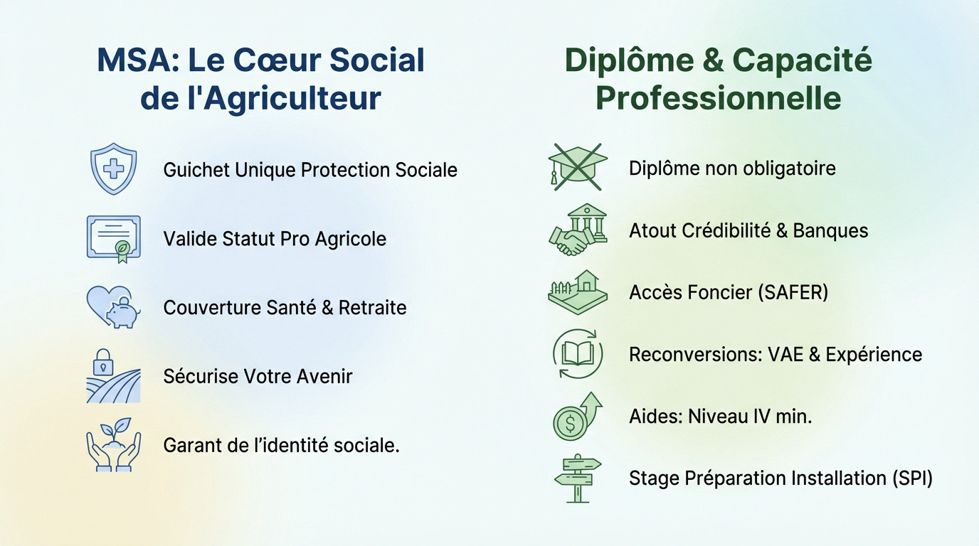 Dossier administratif MSA et diplômes agricoles posés sur une table en bois