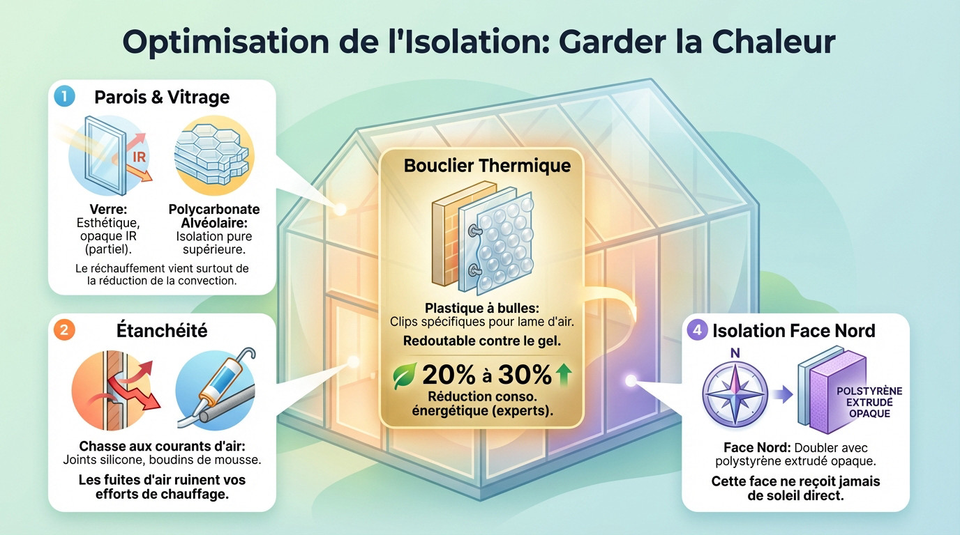 Installation de plastique à bulles sur les parois d'une serre pour optimiser l'isolation thermique