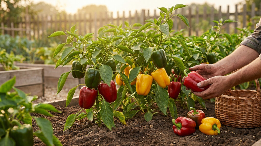 Poivrons colorés cultivés dans un jardin ensoleillé, prêts à être récoltés
