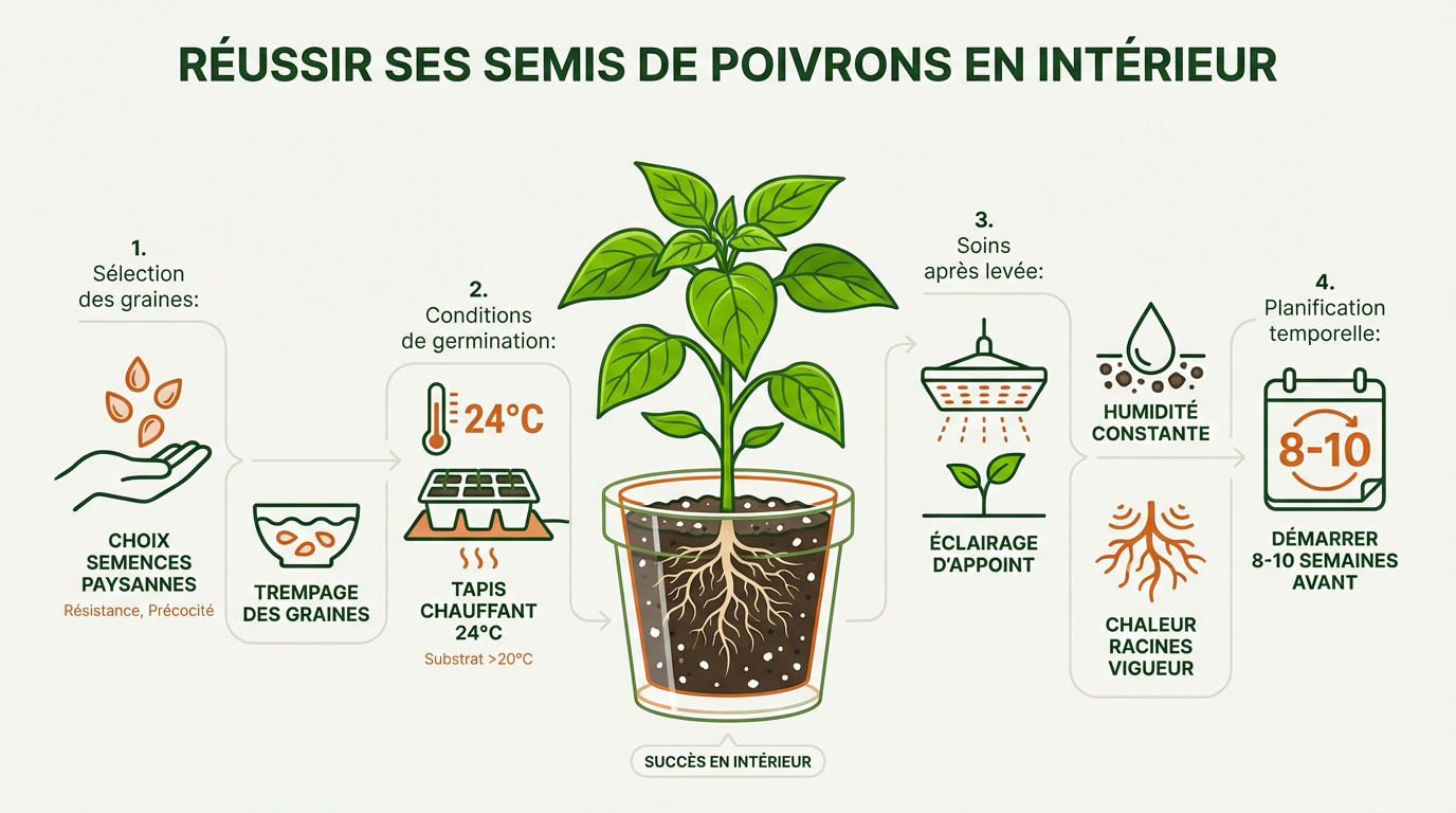 Jeunes plants de poivrons en godets sous une lampe horticole dans une serre d'intérieur