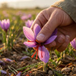 Cultivation de safran avec bulbes de Crocus sativus dans un jardin ensoleillé