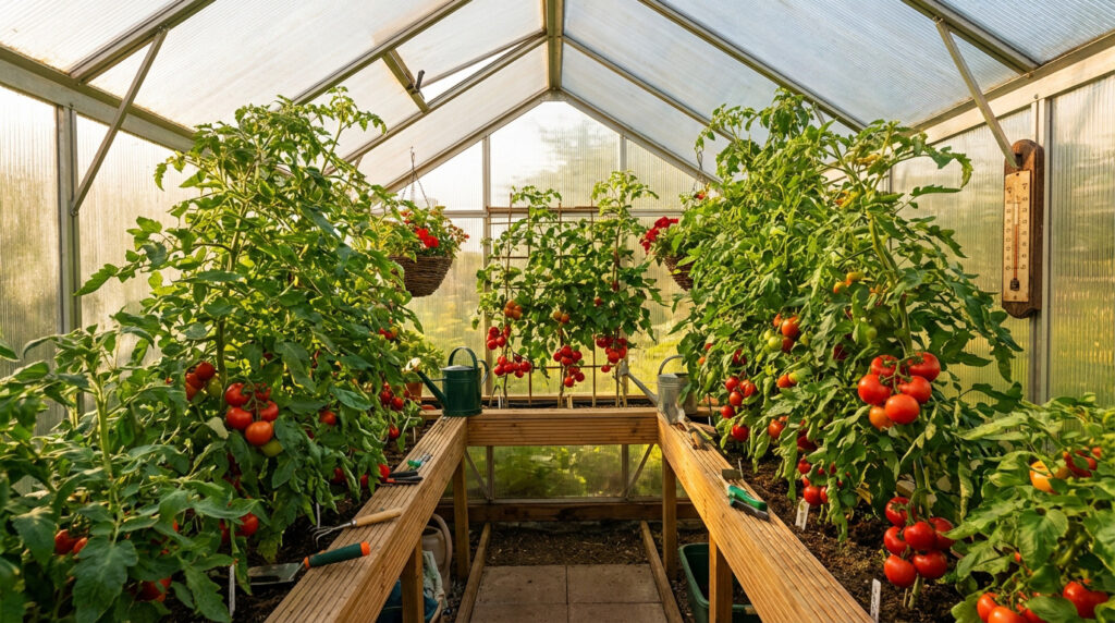 Serre de 6m2 avec des pieds de tomates bien espacés pour une récolte optimale