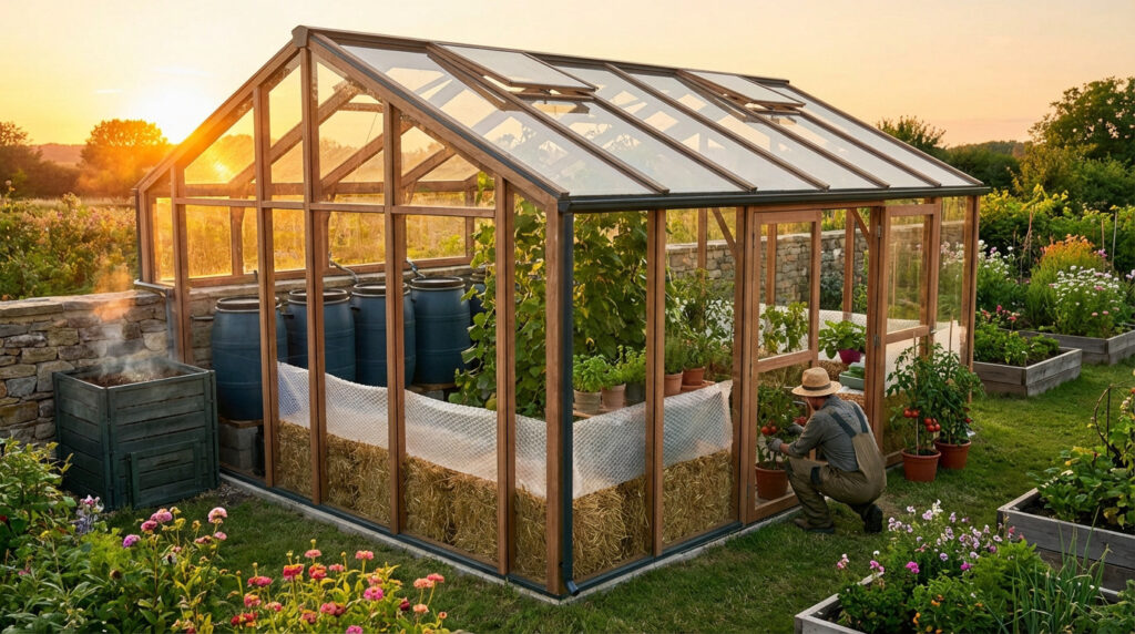 Barils d'eau en plastique noir dans une serre pour chauffer sans électricité