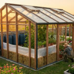 Barils d'eau en plastique noir dans une serre pour chauffer sans électricité