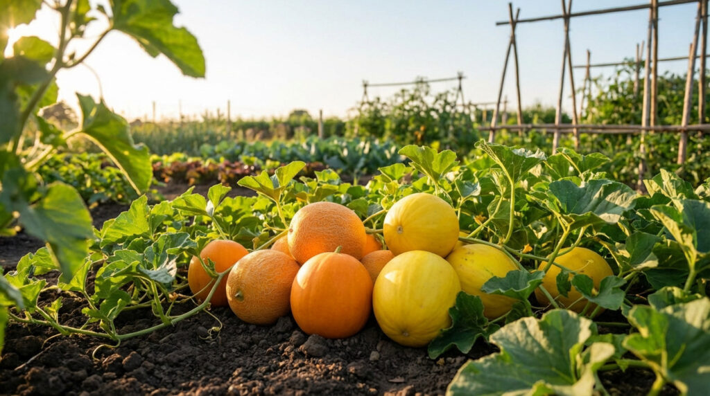 Jardinier cultivant des melons mûrs dans un potager ensoleillé