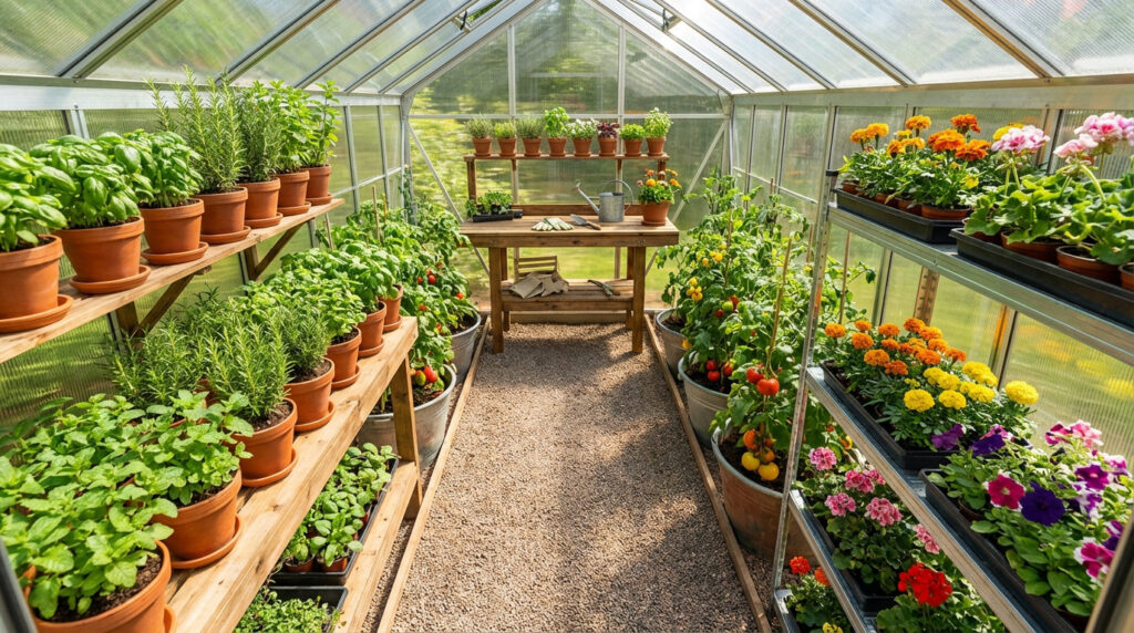 Organiser une serre de 12m2 avec étagères et allée centrale pour optimiser l'espace de culture